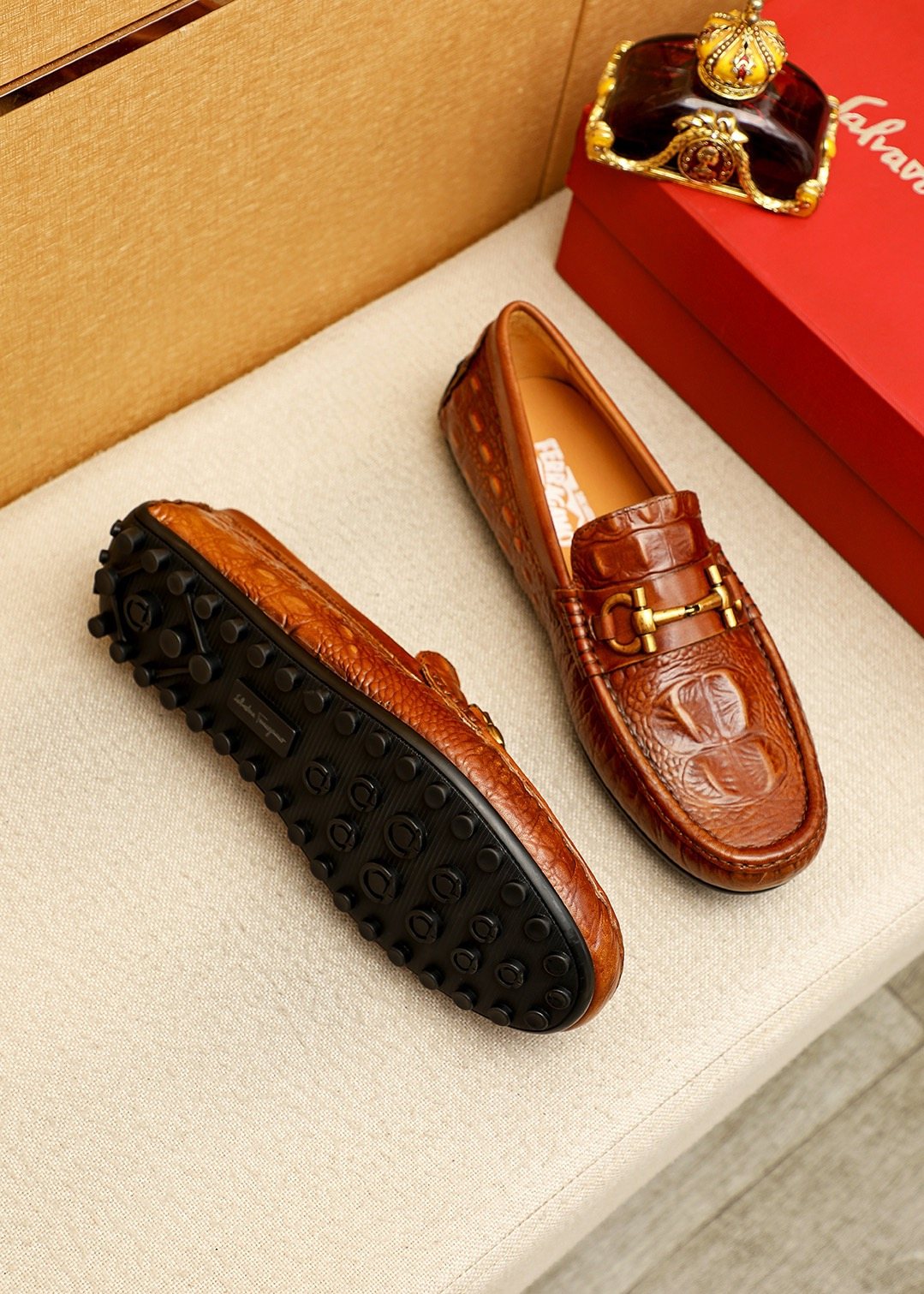 Ferragamo Brown Embossed Driving Loafers
